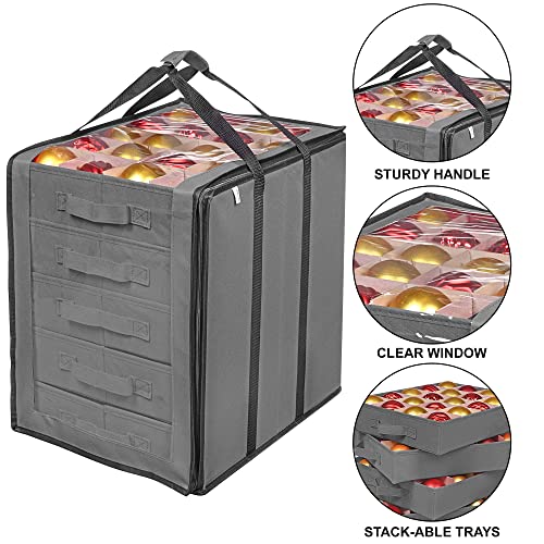ProPik Christmas Ornament Storage Boxes with Dividers - 5 Separate Trays - Ornament Holder - Keeps 100 Holiday Ornaments - Durable Carrying Bag Handles Organizer Storage Box (Gray) - Image 4
