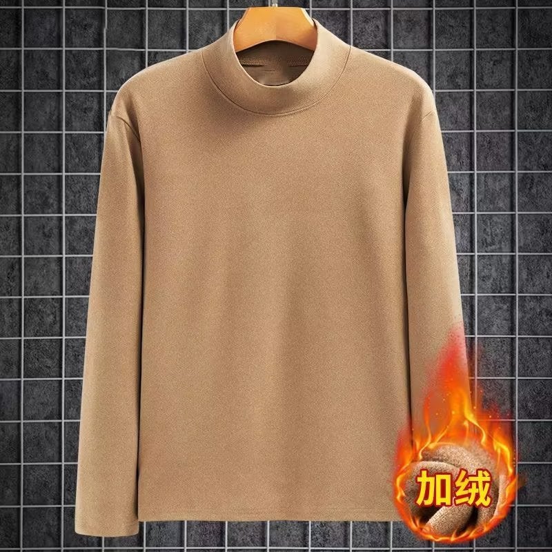 Warm Long-Sleeved T-Shirt Men'S Round Neck Mid Collar Inner T-Shirt Top Solid Color Velvet Half Turtleneck Bottoming Shirt - Image 1