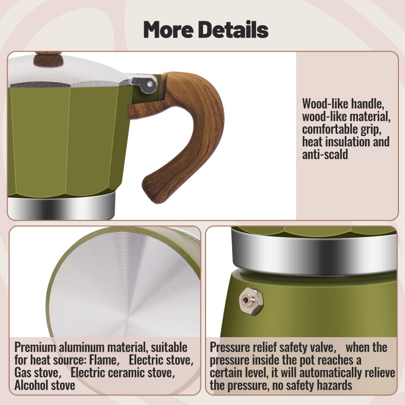 Vaolvpant 3 Cup Aluminum Moka Pot Classic Stovetop Espresso Coffee Maker 150ml 5oz Coffeemaker Percolator Mocha Pot Greca Coffee Maker Cafe Makers for Italian and Cuban CafÃ© Brewing Green - Image 5