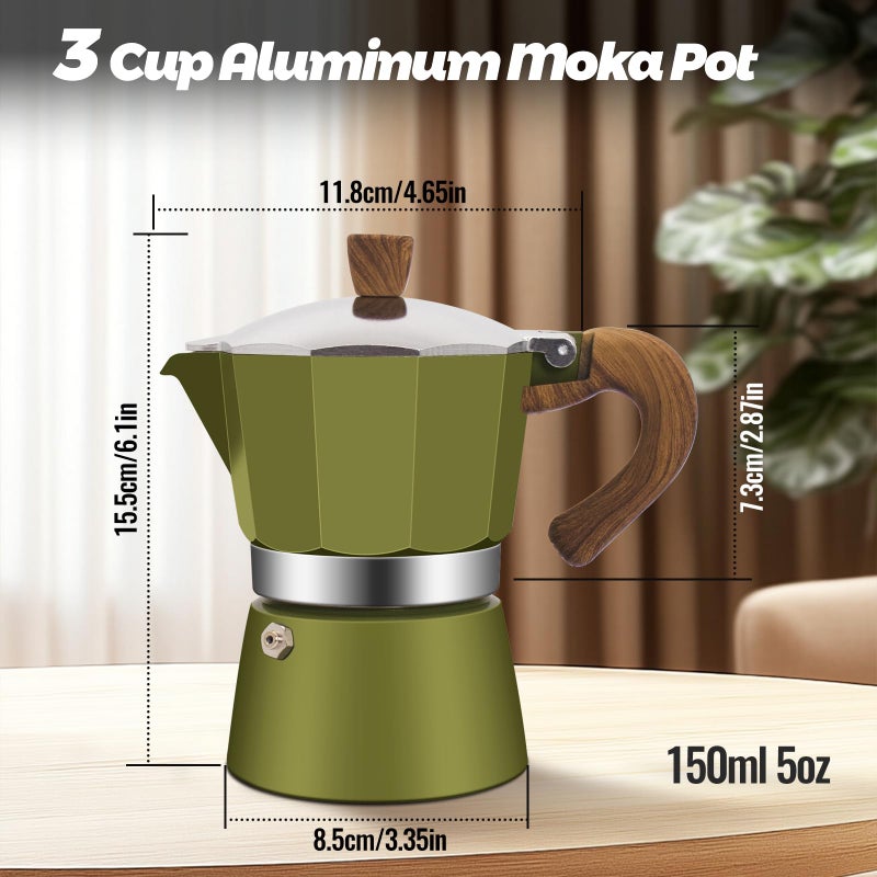 Vaolvpant 3 Cup Aluminum Moka Pot Classic Stovetop Espresso Coffee Maker 150ml 5oz Coffeemaker Percolator Mocha Pot Greca Coffee Maker Cafe Makers for Italian and Cuban CafÃ© Brewing Green - Image 2