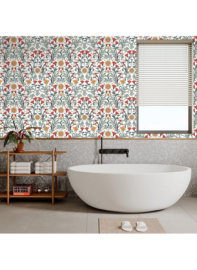 HAOKHOME 933161 Floral Peel And Stick Wallpaper Boho Removable Wall Paper White/Green/Red Vinyl Stick On Wall Mural Decor 17.7In X 9.8Ft  - Image 2