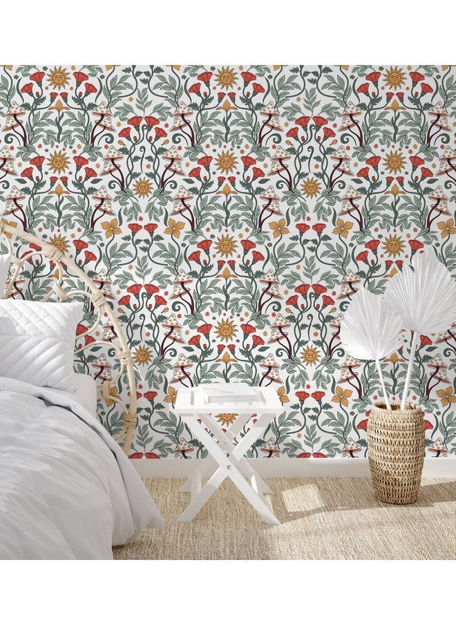 HAOKHOME 933161 Floral Peel And Stick Wallpaper Boho Removable Wall Paper White/Green/Red Vinyl Stick On Wall Mural Decor 17.7In X 9.8Ft  - Image 3