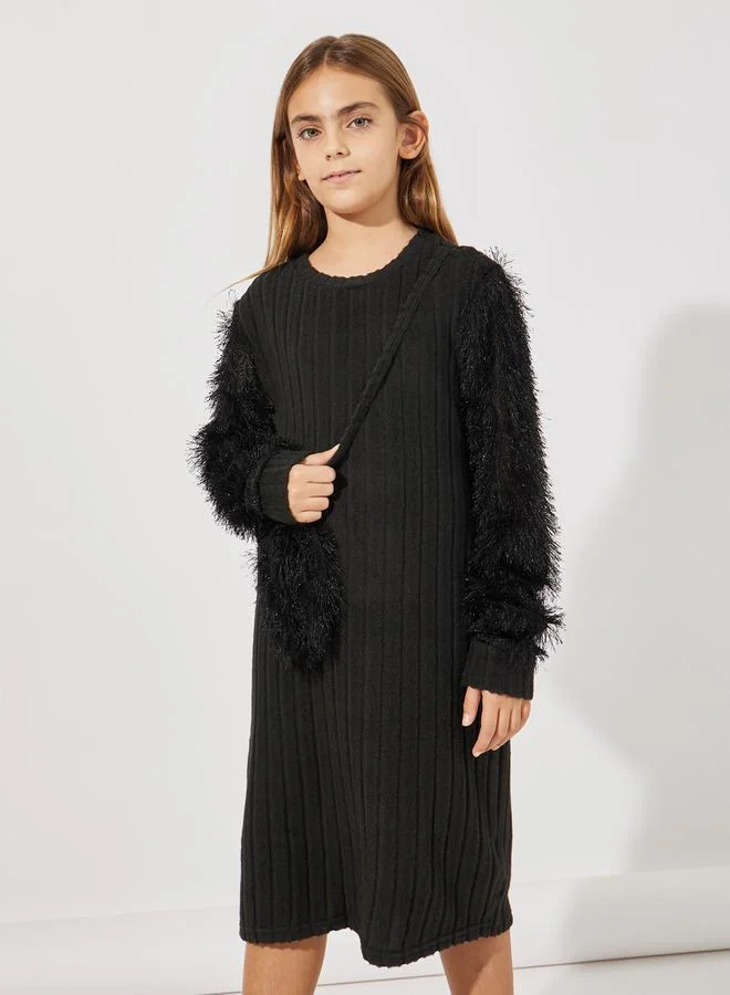 Styli Rib Knit Fuzzy Sleeve Dress with Sling Bag