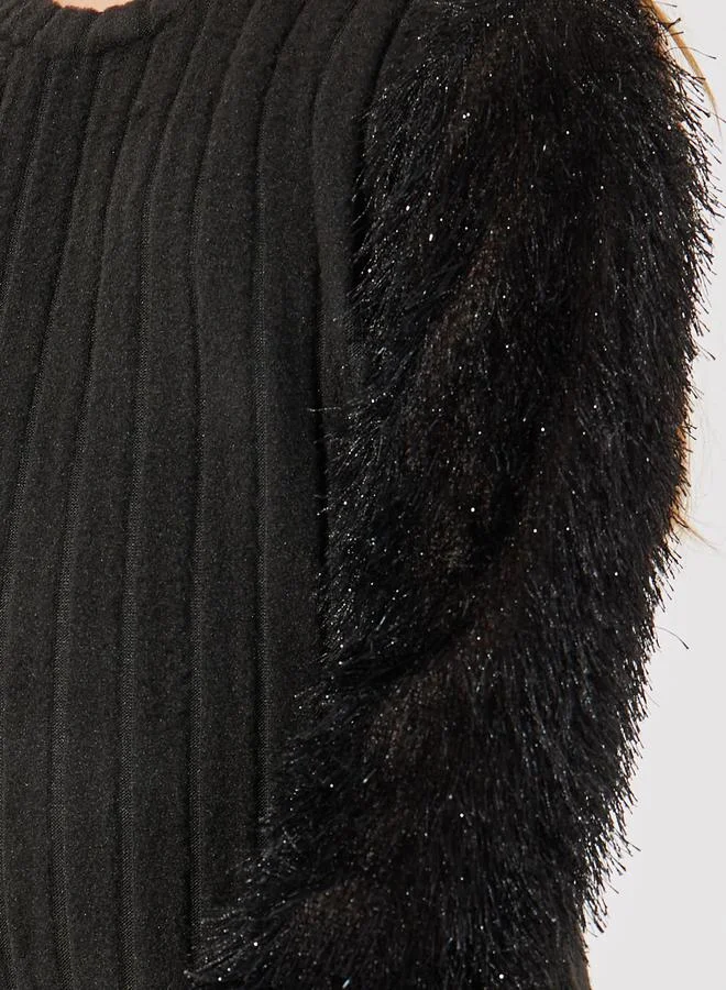 Styli Rib Knit Fuzzy Sleeve Dress with Sling Bag