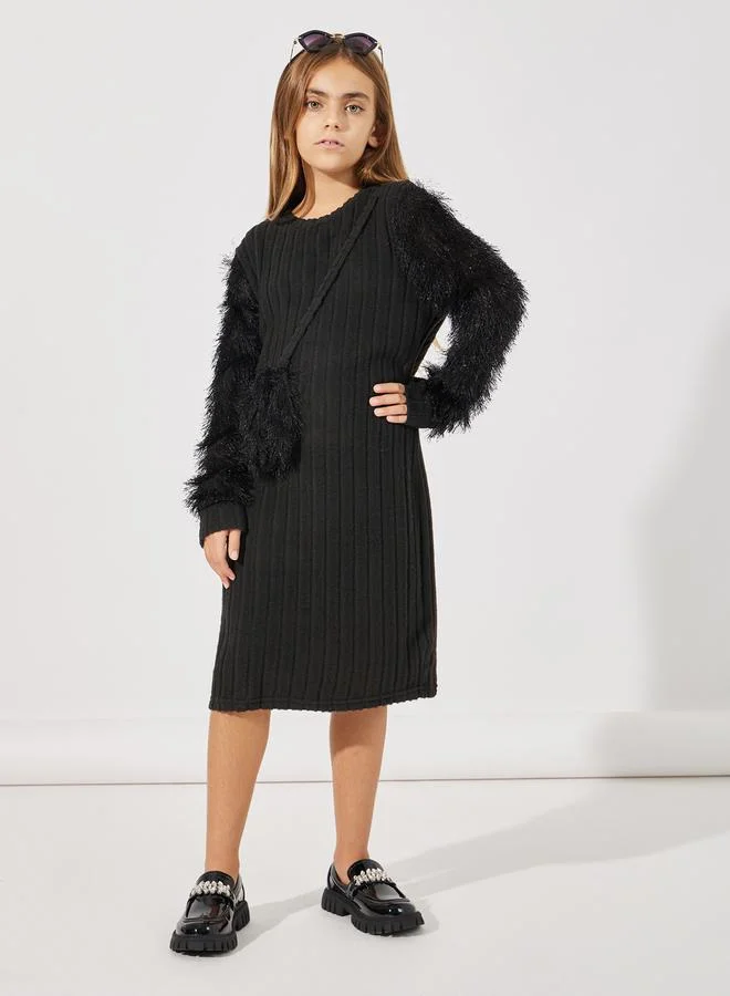 Styli Rib Knit Fuzzy Sleeve Dress with Sling Bag