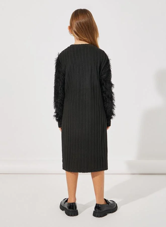 Styli Rib Knit Fuzzy Sleeve Dress with Sling Bag
