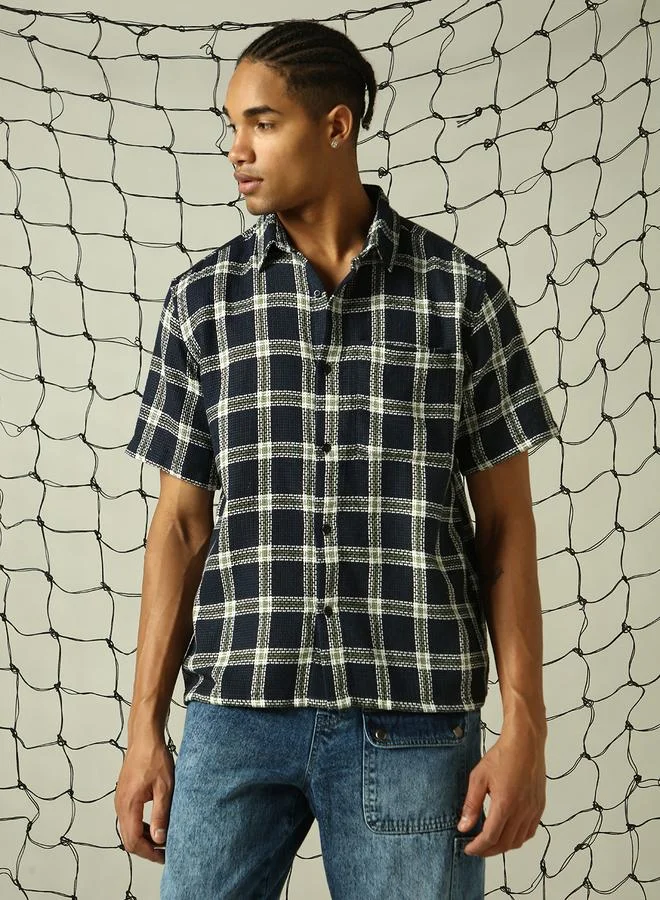 Hubberholme Men Woven Multicolor Half Sleeve Checkered Oversized Shirts with Spread Collar - Comfortable for Everyday Wear