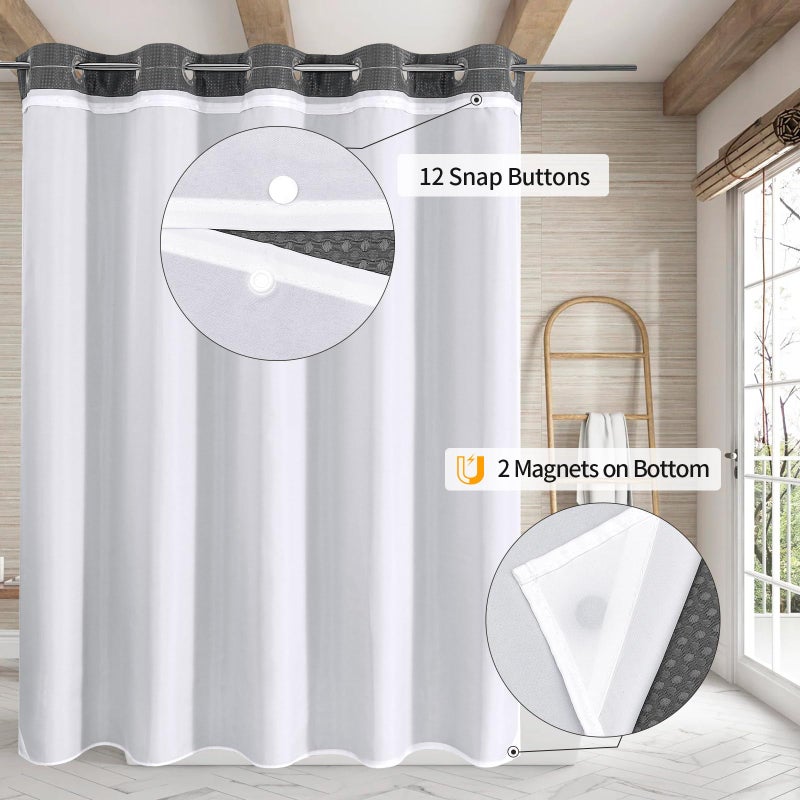 MitoVilla No Hooks Needed Extra Long Shower Curtain Set with Snap-in Liner  Grey 86 inch XL Heavyweight Waffle Fabric Cloth Shower Curtains for Modern Luxury Hotel & Spa Bathroom Decor  Charcoal Grey - Image 1