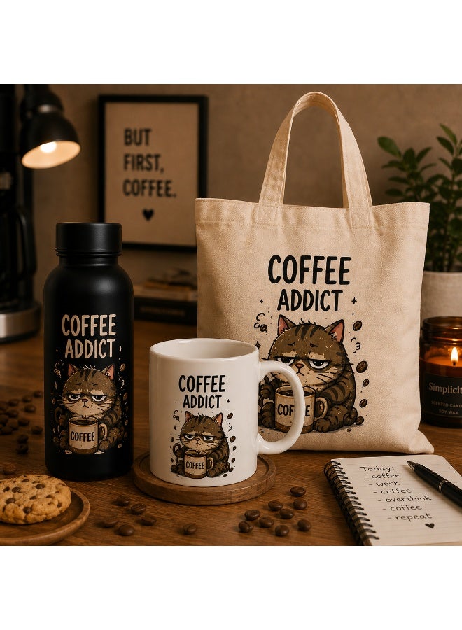 Coffee Addict Cat™ Gift Set - 500ml Thermal Bottle, Ceramic Mug & Canvas Tote Bag - Coffee Lover Bundle