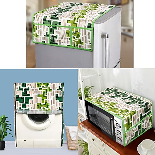 E-Retailer® Exclusive 3-Layered Polyester Combo Set of Appliances Cover (1 Pc. of Fridge Top Cover, 1 Pc. of Microwave Oven Top Cover and 1 Pc. Front Load Washing Machine Cover) (Color-Green, Design-Geometric, Set Contains-3 Pcs.) - Image 1