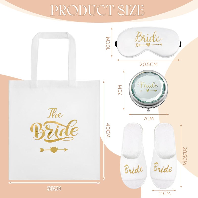 Hestya 6 Pcs Bride Gifts Bridal Shower Gifts Including Bride Slippers White Scrunchie Hair Headband Bride Tote Bag Silk Eye Mask Makeup Mirror for Wedding Proposal Spa Party White and Gold, One Size - Image 2