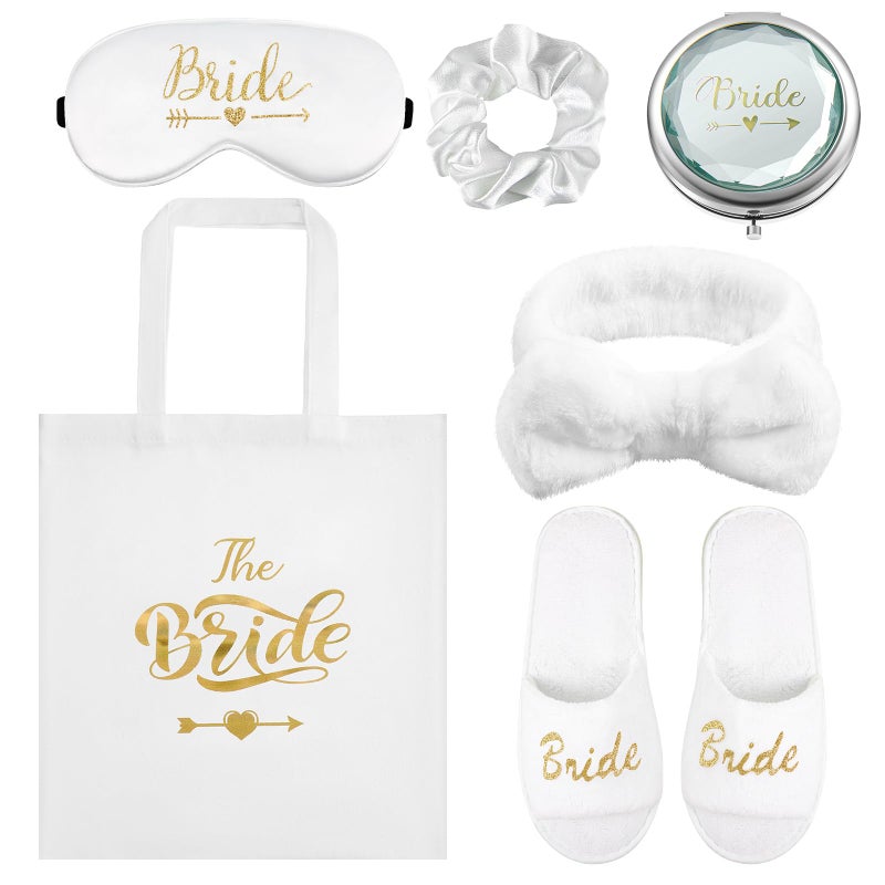 Hestya 6 Pcs Bride Gifts Bridal Shower Gifts Including Bride Slippers White Scrunchie Hair Headband Bride Tote Bag Silk Eye Mask Makeup Mirror for Wedding Proposal Spa Party White and Gold, One Size - Image 1