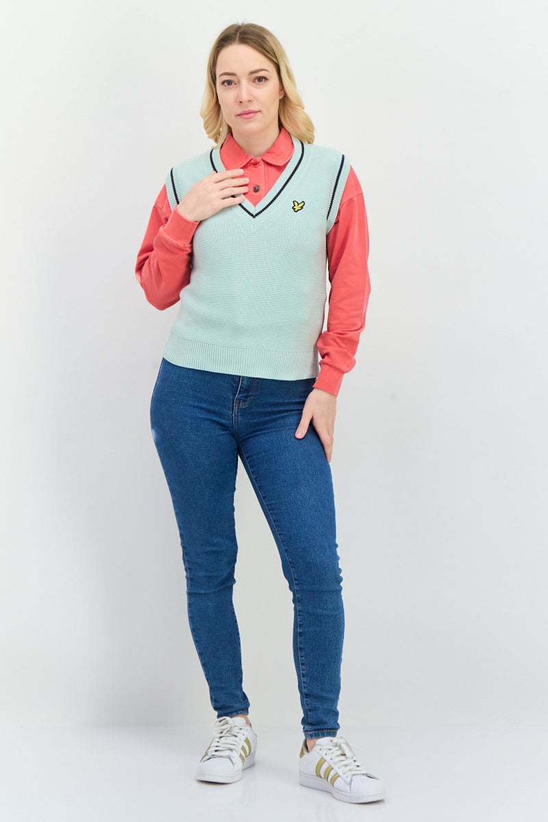 Lyle & Scott Women V-Neck Crochet Sweater Vest, Mint Green - Image 4