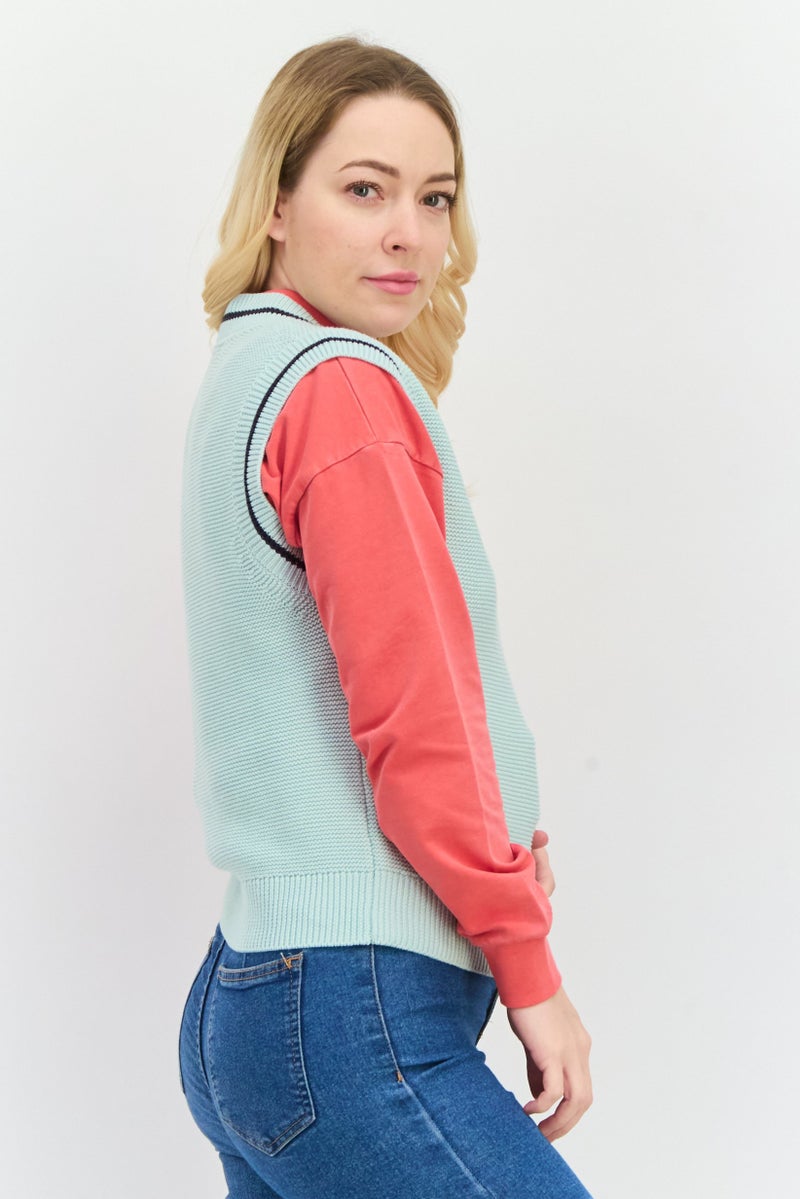 Lyle & Scott Women V-Neck Crochet Sweater Vest, Mint Green - Image 2