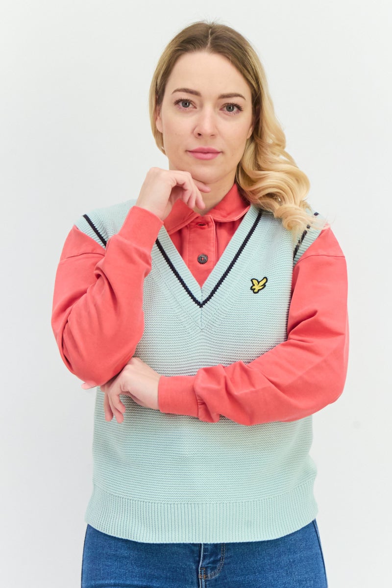 Lyle & Scott Women V-Neck Crochet Sweater Vest, Mint Green - Image 1