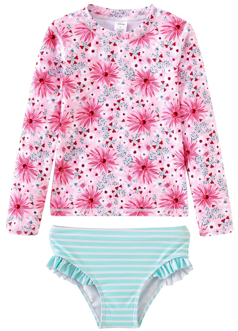 UMELOK Toddler Girls Rashguard Swimsuit 2Pieces Long Sleeve Bathing Suit Swimsuit Sets PinkLight Green Daisy 3T - Image 2