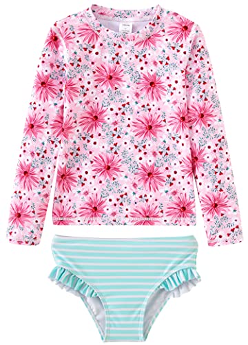 UMELOK Toddler Girls Rashguard Swimsuit 2Pieces Long Sleeve Bathing Suit Swimsuit Sets PinkLight Green Daisy 3T - Image 1