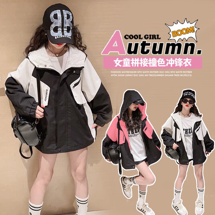 Girls' 2025 Autumn/Winter New Versatile Children'S Top Fashionable Spring Clothing For Older Kids Color-Block Short Jacket - Image 2