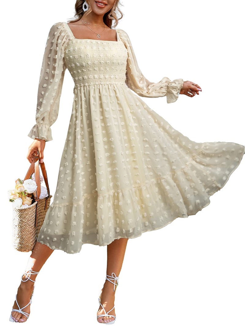 Amegoya Women's Elegant Square Neck Long Sleeve Formal Dress Fall Swiss Dot Modest Smocked Midi Wedding Guest Dress (Beige S) - Image 1