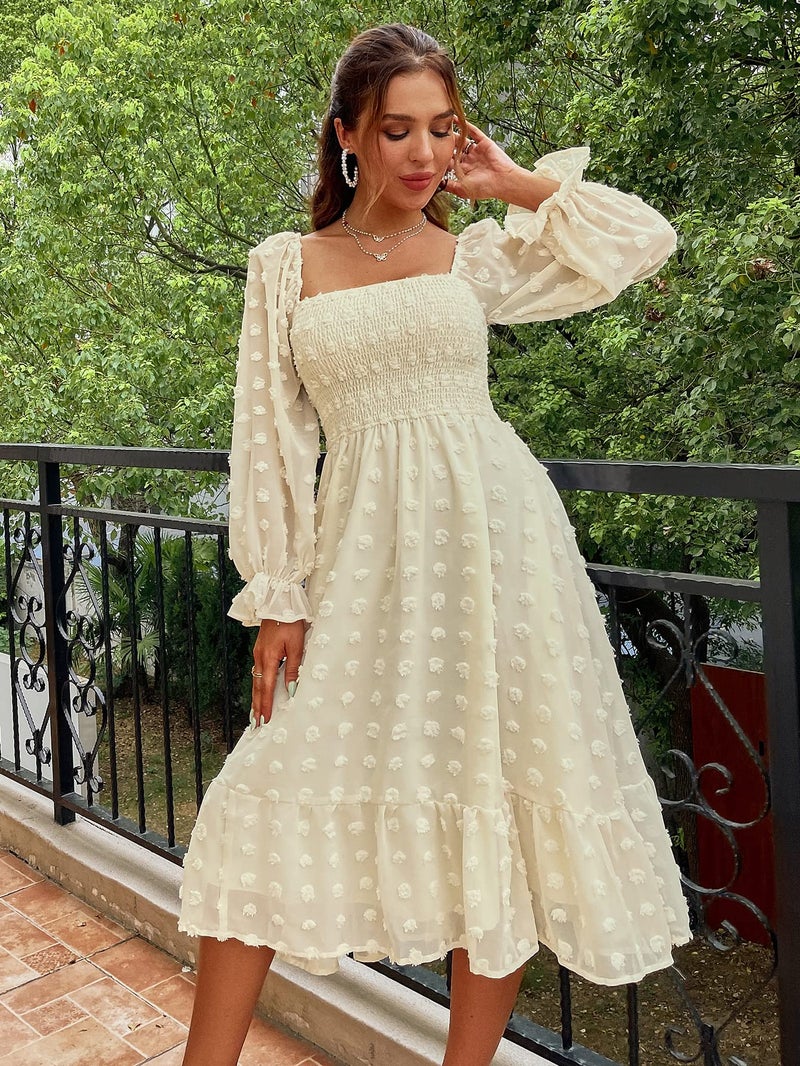 Amegoya Women's Elegant Square Neck Long Sleeve Formal Dress Fall Swiss Dot Modest Smocked Midi Wedding Guest Dress (Beige S) - Image 3