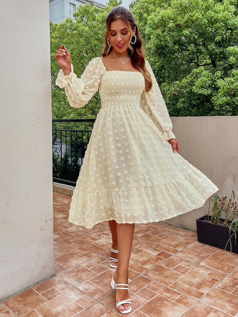 Amegoya Women's Elegant Square Neck Long Sleeve Formal Dress Fall Swiss Dot Modest Smocked Midi Wedding Guest Dress (Beige S) - Image 5