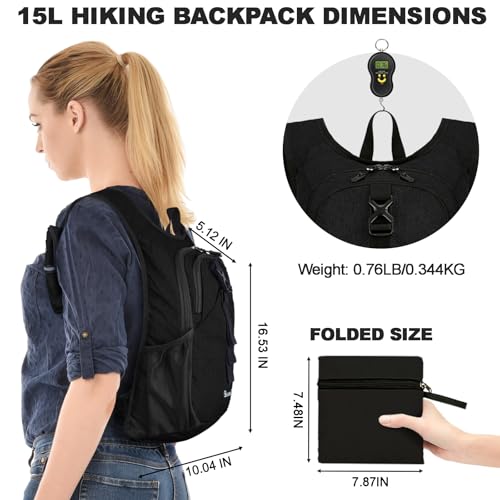 Seektop 15L Small Hiking Backpack for Women Men, Lightweight Hiking Packable Daypack with Phone Pocket for Travel Camping (Black, 15L) - Image 4