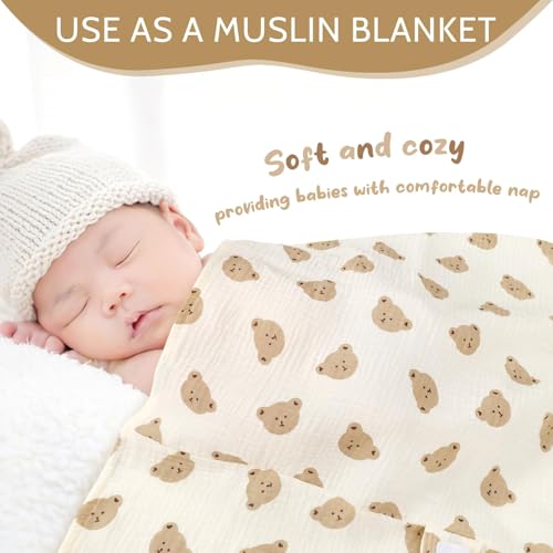 Jundetye Car Seat Cover Baby Girls Boys, Summer Cotton Baby Car Seat Cover for Carseat, Comfortable Muslin Nursing Cover, Soft Baby Blanket, Breathable Lightweight Infant Stroller Canopy, Cute Bear - Image 5