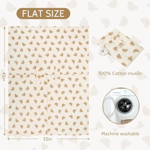 Jundetye Car Seat Cover Baby Girls Boys, Summer Cotton Baby Car Seat Cover for Carseat, Comfortable Muslin Nursing Cover, Soft Baby Blanket, Breathable Lightweight Infant Stroller Canopy, Cute Bear - Image 3