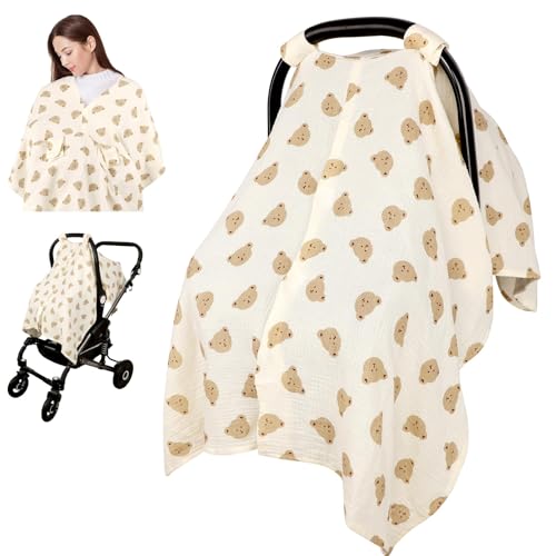 Jundetye Car Seat Cover Baby Girls Boys, Summer Cotton Baby Car Seat Cover for Carseat, Comfortable Muslin Nursing Cover, Soft Baby Blanket, Breathable Lightweight Infant Stroller Canopy, Cute Bear - Image 1