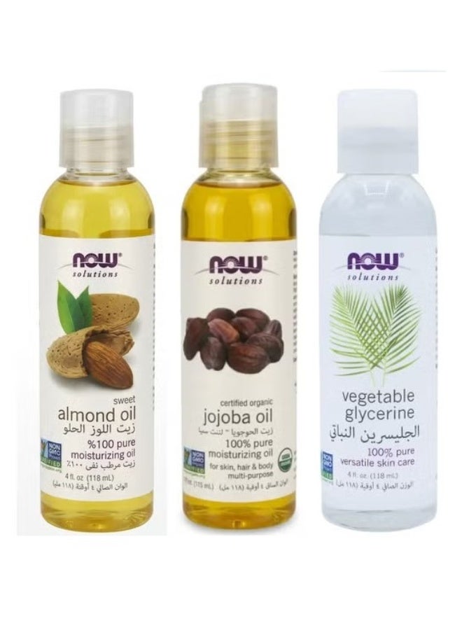 now Pack of 3 Now (jojoba oil 118 Ml plus Sweet Almond Oil 118Ml  plus Glycerin Vegetable Oil 100% Pure Versatile Skin Care 118 Ml) - Image 1