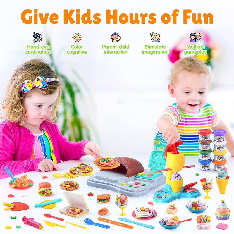 PLAY 2 in 1 Color Dough Sets for Kids Ages 2-4-8, Kitchen Creations Ice Cream Pizza Maker Machine, Art Crafts Play Food Toys for 3 Year Old Girls Boys and Up, 8 Cans of Modeling Compound Dough,2 oz Cans - Image 3