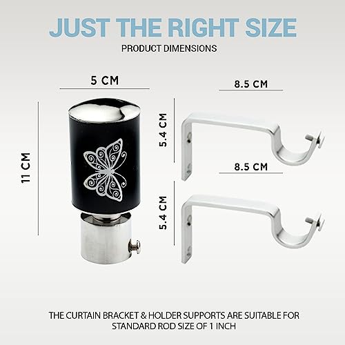 GLOXY ENTERPRISE Stainless Steel Curtain Brackets Parda Holders with Support Fittings 1 Inch Rod Pocket Finials Designer Door and Window (Black 4 Pair) - Image 3