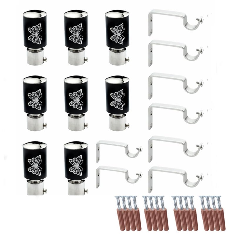 GLOXY ENTERPRISE Stainless Steel Curtain Brackets Parda Holders with Support Fittings 1 Inch Rod Pocket Finials Designer Door and Window (Black 4 Pair) - Image 1