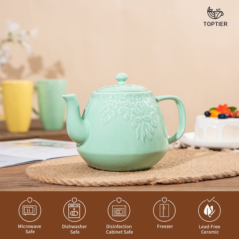 Toptier Leaf Teapot, Porcelain Tea Pot with Infuser and Lid, Blooming & Loose Leaf Ceramic Teapot, 37 Ounce, Light Green - Image 2
