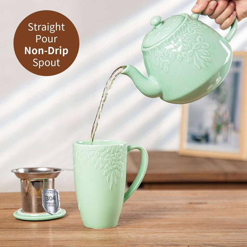 Toptier Leaf Teapot, Porcelain Tea Pot with Infuser and Lid, Blooming & Loose Leaf Ceramic Teapot, 37 Ounce, Light Green - Image 5