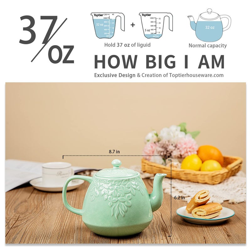 Toptier Leaf Teapot, Porcelain Tea Pot with Infuser and Lid, Blooming & Loose Leaf Ceramic Teapot, 37 Ounce, Light Green - Image 3