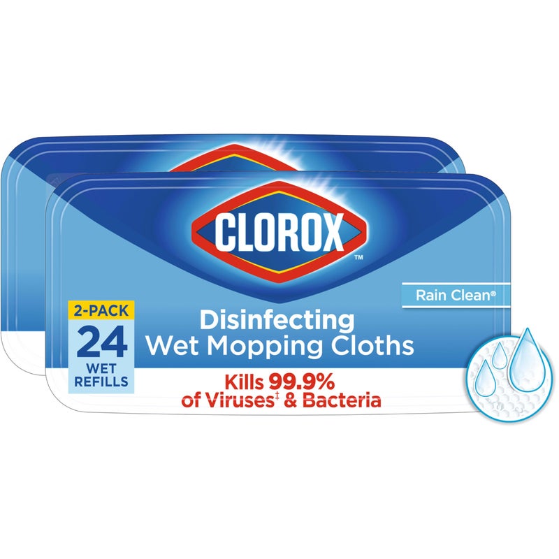 Clorox Disinfecting Wet Mop Pad, Disposable Mop Heads, Multi-Surface Floor Wipes, Rain Clean, 2 Packs, 24 Wet Refills Per Pack (Package May Vary) - Image 1