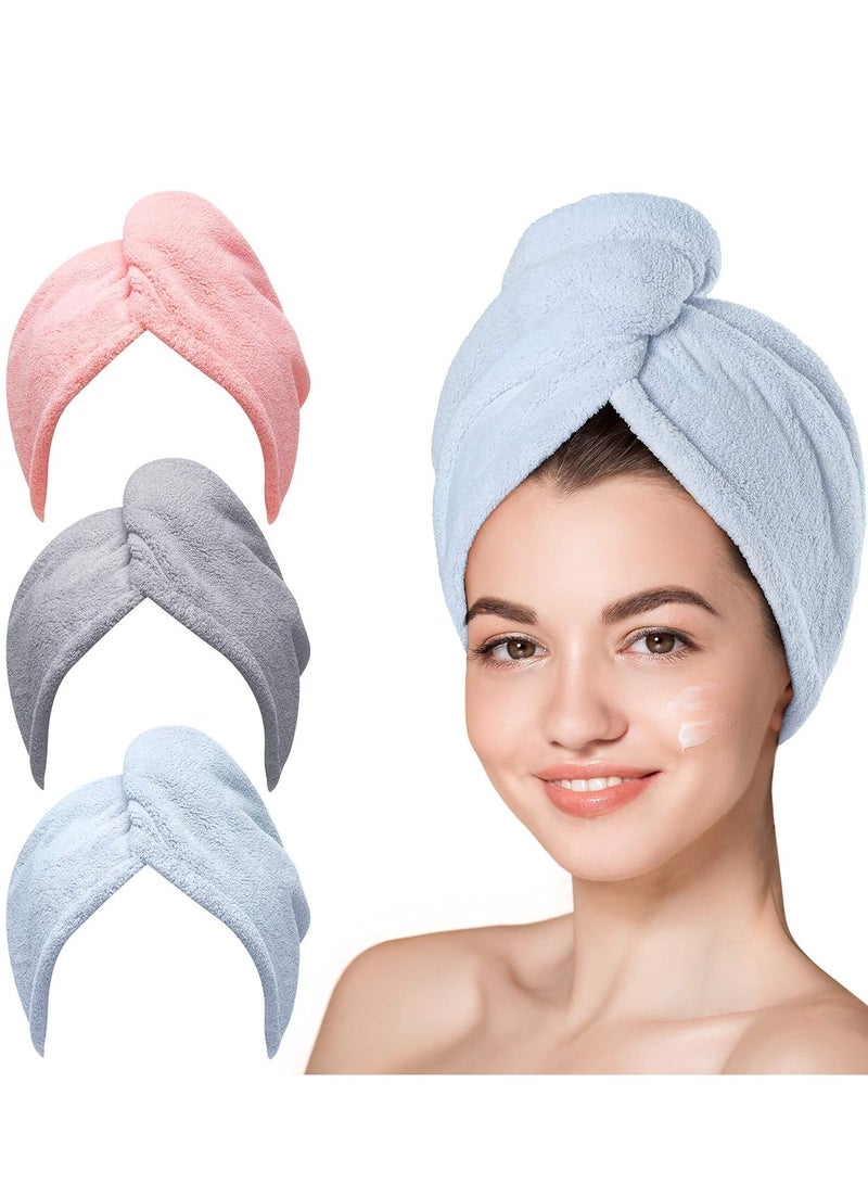 Microfiber Hair Towel, 3 Packs Hair Turbans for Wet Hair, Drying Hair Wrap Towels for Curly Hair Women Anti Frizz (Blue,Grey,Pink) - Image 1