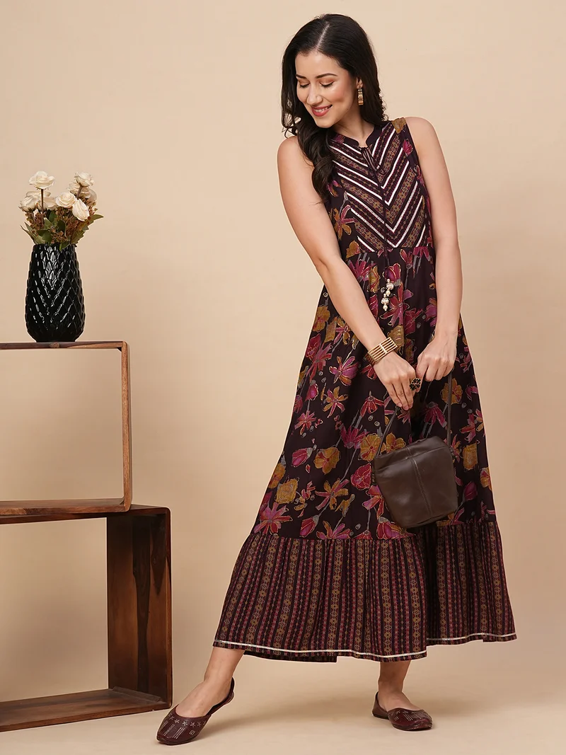 جلو باص Globus Women Floral Printed Mandarin Collar Gotta Patti Maxi Dress