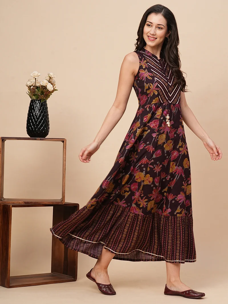 جلو باص Globus Women Floral Printed Mandarin Collar Gotta Patti Maxi Dress