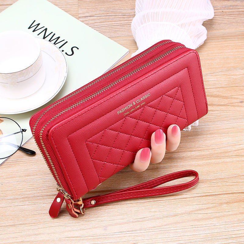 Cross-border Generation Wallet Womens New Long Style Womens Hand-held Casual Mobile Phone Bag Double Zipper Wallet Large Capacity Card Holder Red 
