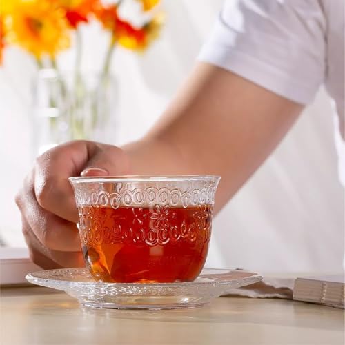 Mevanta Premium Glass Tea Cup and Saucer Set (6 Cups & 6 Saucers - 250 ML) Transparent Cups & Saucer Set For Coffee Herbal Green Tea, Lemon Tea, Espresso, Hot Chocolate,Cappuccino (MSC - 07, Set of 6) - Image 3