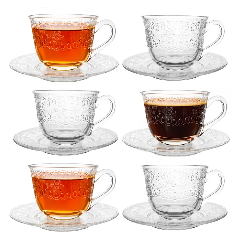Mevanta Premium Glass Tea Cup and Saucer Set (6 Cups & 6 Saucers - 250 ML) Transparent Cups & Saucer Set For Coffee Herbal Green Tea, Lemon Tea, Espresso, Hot Chocolate,Cappuccino (MSC - 07, Set of 6) - Image 1