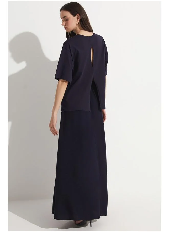 جون June Elastic Waist Maxi 100% Viscose Skirt Navy