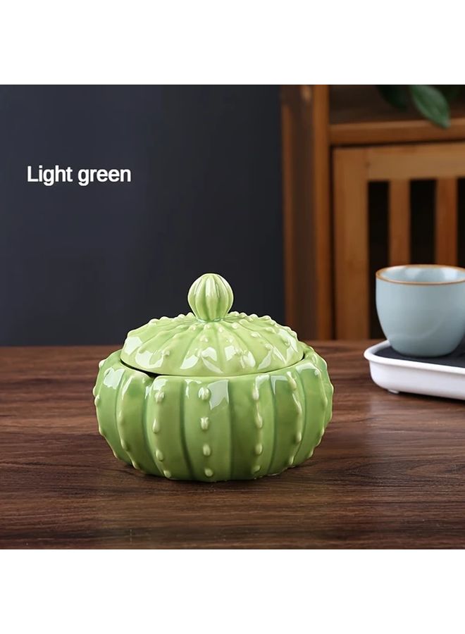 Green Cactus Ceramic Ashtray With Lid Durable Smoke Proof Desktop Decorative Accessory - Image 3