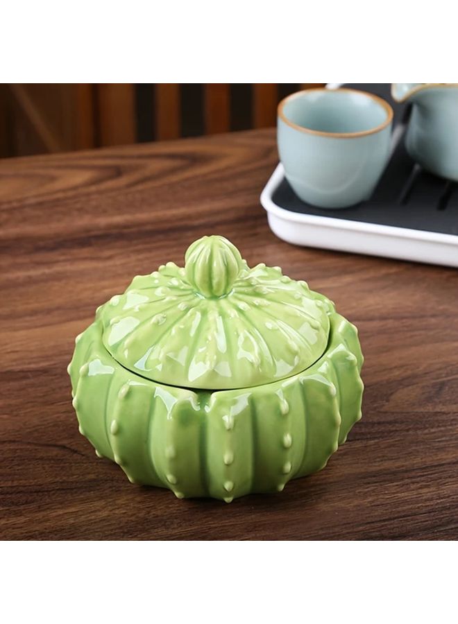 Green Cactus Ceramic Ashtray With Lid Durable Smoke Proof Desktop Decorative Accessory - Image 5