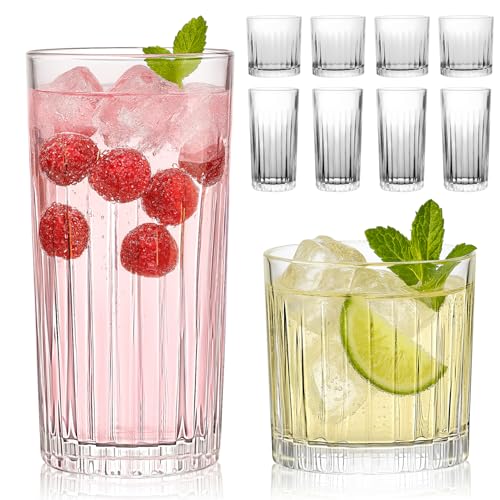 Laerjin Drinking Glasses Set of 8, 12 oz Highball Glasses & 10 oz Cocktail Glasses Set, Ribbed Glass Cups,Thick Glass Cups, Kitchen Water Glasses Cup, Bar Tumbler Glassware for Beer, Whiskey(Clear) - Image 1