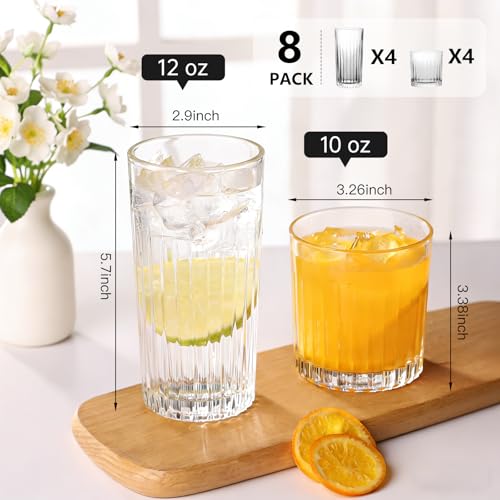 Laerjin Drinking Glasses Set of 8, 12 oz Highball Glasses & 10 oz Cocktail Glasses Set, Ribbed Glass Cups,Thick Glass Cups, Kitchen Water Glasses Cup, Bar Tumbler Glassware for Beer, Whiskey(Clear) - Image 4