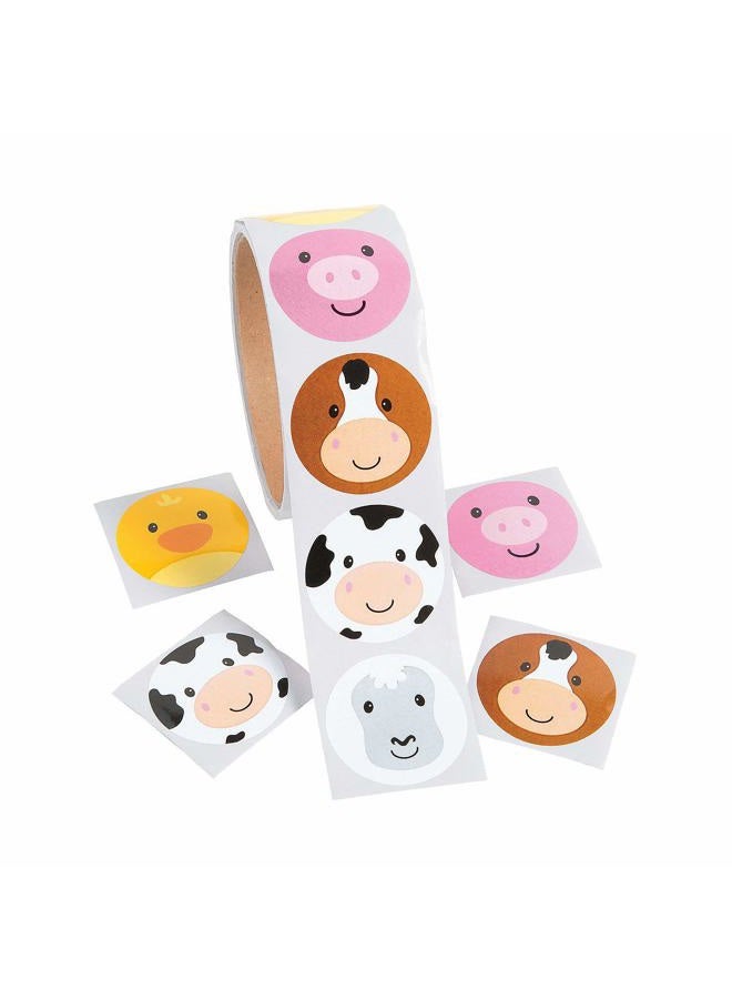 Face Farm Animal Stickers, 1 Roll with 100 Stickers - Party Favors and Classroom Handouts