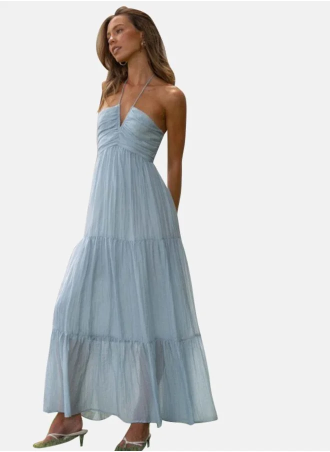 يونيكي Blue Halter Neck Chiffon Maxi Dress
